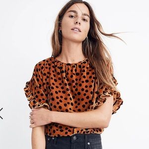 Madewell XXS velour blouse. Fun animal spot print with ruffles.